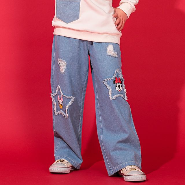 【ベビードール】ミニー デイジー ワイドストレートデニムロングパンツ 0190K / ベビーサイズ キッズ ボトムス 長ズボン ジーパン ダメージ加工 ゆったり 楽ちん