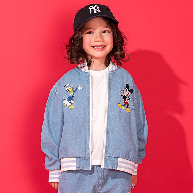 【ベビードール】ミッキー ドナルド キャラクター刺繍デニムジャケット 0191K / ベビーサイズ キッズ 長袖 アウター トップス 上着 ブルゾン 羽織り 軽アウター フード無し ジップアウター