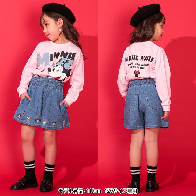 【ベビードール】デニムキュロットショートパンツ 0193K / ミニー デイジー ベビーサイズ キッズ ボトムス ショートパンツ パンツスカート ウエストゴム 刺繍 セットアップアイテム