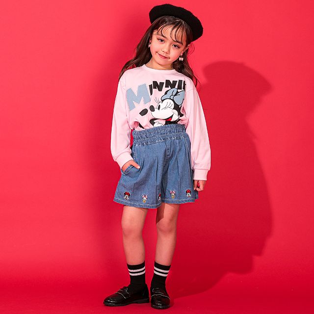 【ベビードール】デニムキュロットショートパンツ 0193K / ミニー デイジー ベビーサイズ キッズ ボトムス ショートパンツ パンツスカート ウエストゴム 刺繍 セットアップアイテム