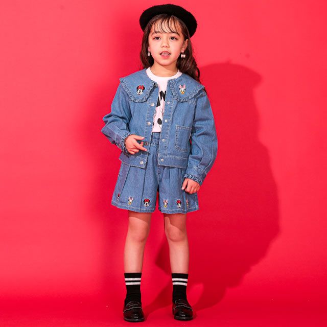 【ベビードール】デニムキュロットショートパンツ 0193K / ミニー デイジー ベビーサイズ キッズ ボトムス ショートパンツ パンツスカート ウエストゴム 刺繍 セットアップアイテム