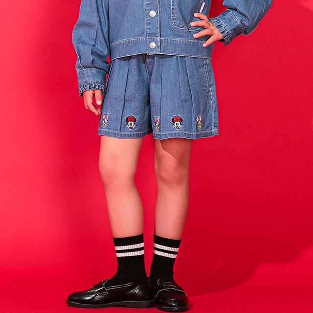 【ベビードール】デニムキュロットショートパンツ 0193K / ミニー デイジー ベビーサイズ キッズ ボトムス ショートパンツ パンツスカート ウエストゴム 刺繍 セットアップアイテム