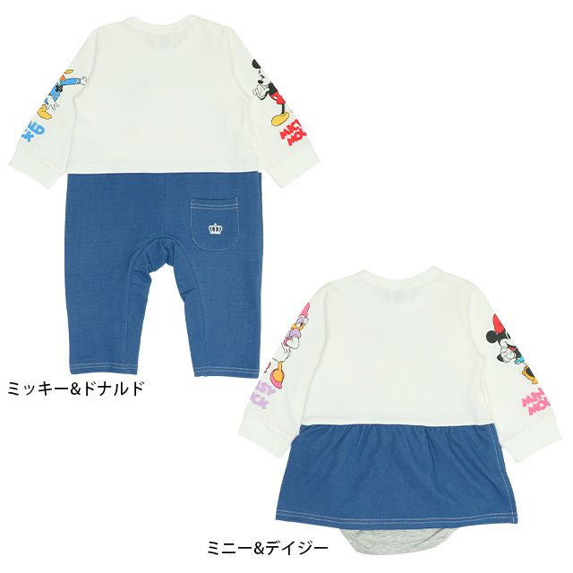 【ベビードール】ミッキー ドナルド デニムドッキングロンパース 0195B / ベビー服 リンクコーデ ペアルック 親子コーデ つなぎ 長袖 ボディ肌着 出産祝い 贈り物 プレゼント 天竺素材