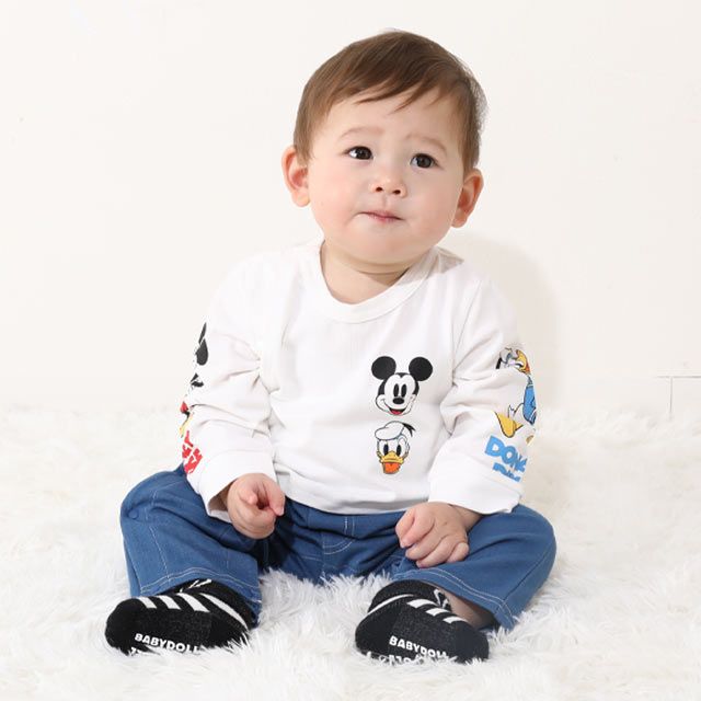 【ベビードール】ミッキー ドナルド デニムドッキングロンパース 0195B / ベビー服 リンクコーデ ペアルック 親子コーデ つなぎ 長袖 ボディ肌着 出産祝い 贈り物 プレゼント 天竺素材