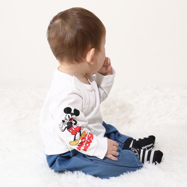 【ベビードール】ミッキー ドナルド デニムドッキングロンパース 0195B / ベビー服 リンクコーデ ペアルック 親子コーデ つなぎ 長袖 ボディ肌着 出産祝い 贈り物 プレゼント 天竺素材