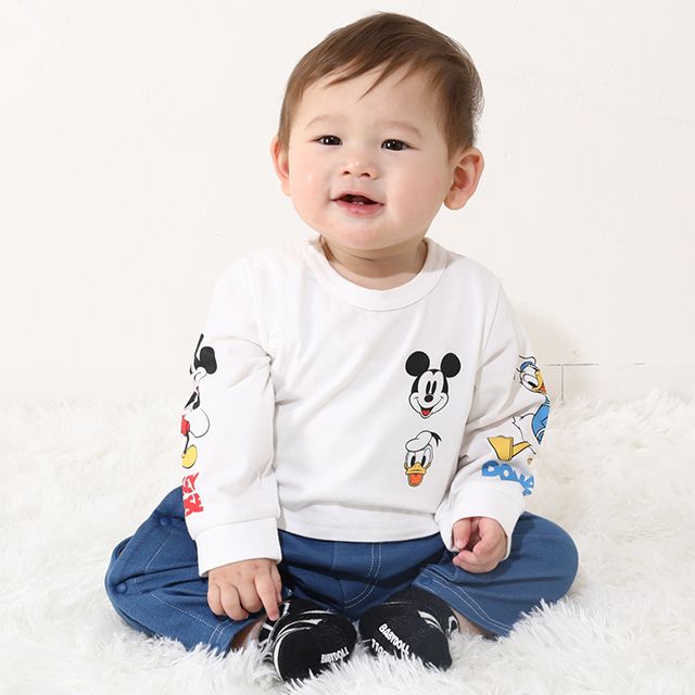 【ベビードール】ミッキー ドナルド デニムドッキングロンパース 0195B / ベビー服 リンクコーデ ペアルック 親子コーデ つなぎ 長袖 ボディ肌着 出産祝い 贈り物 プレゼント 天竺素材