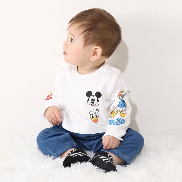 【ベビードール】ミッキー ドナルド デニムドッキングロンパース 0195B / ベビー服 リンクコーデ ペアルック 親子コーデ つなぎ 長袖 ボディ肌着 出産祝い 贈り物 プレゼント 天竺素材