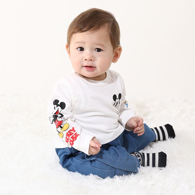 【ベビードール】ミッキー ドナルド デニムドッキングロンパース 0195B / ベビー服 リンクコーデ ペアルック 親子コーデ つなぎ 長袖 ボディ肌着 出産祝い 贈り物 プレゼント 天竺素材