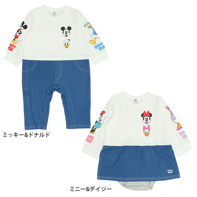 【ベビードール】ミニー デイジー デニムドッキングロンパース 0195B / ベビー服 リンクコーデ ペアルック 親子コーデ つなぎ 長袖 ボディ肌着 出産祝い 贈り物 プレゼント 天竺素材
