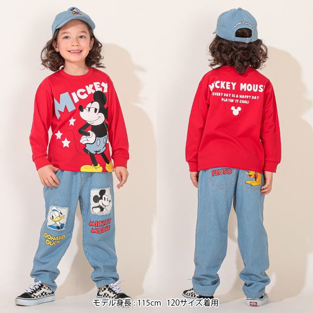 【ベビードール】ミッキー デニム貼付ロンT 0196K / ベビーサイズ キッズ トップス 長袖 クルーネック カットソー 天竺素材