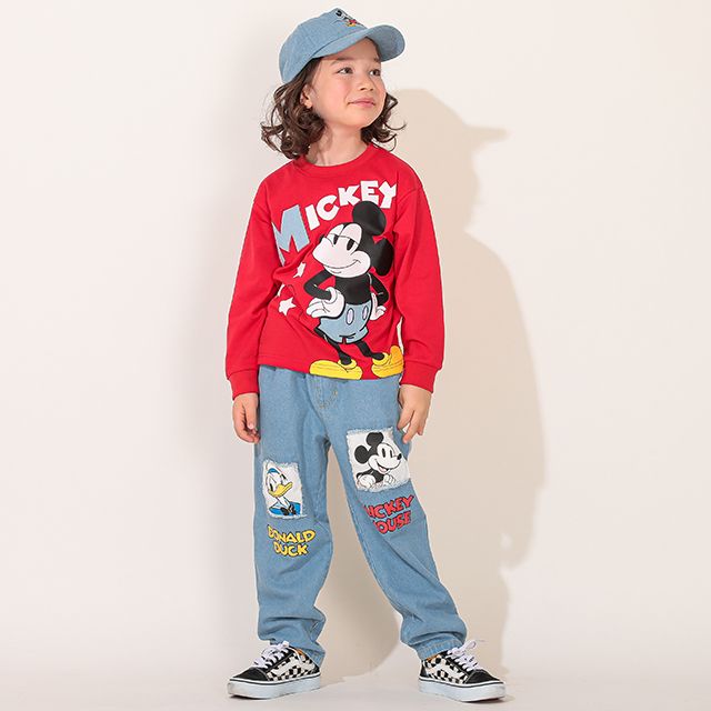 【ベビードール】ミッキー デニム貼付ロンT 0196K / ベビーサイズ キッズ トップス 長袖 クルーネック カットソー 天竺素材