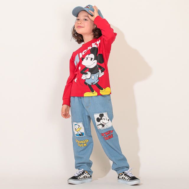 【ベビードール】ミッキー デニム貼付ロンT 0196K / ベビーサイズ キッズ トップス 長袖 クルーネック カットソー 天竺素材
