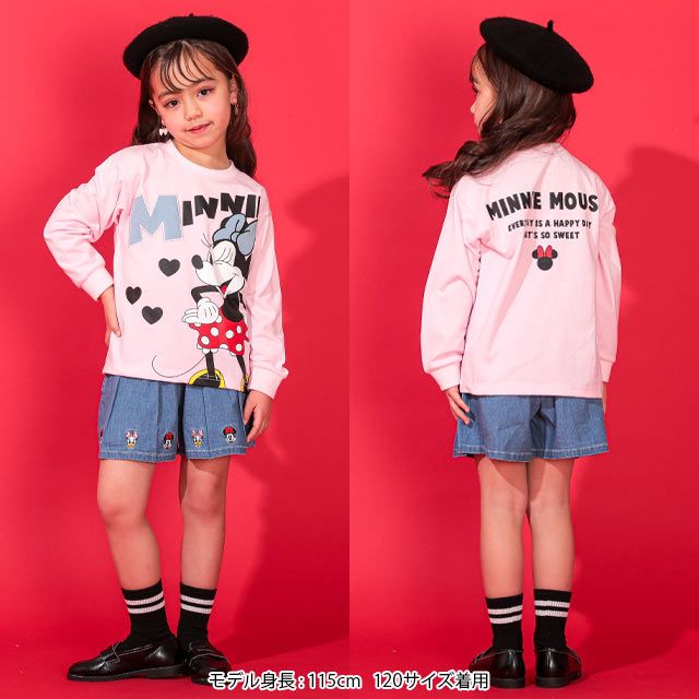 【ベビードール】ミニー デニム貼付ロンT 0196K / ベビーサイズ キッズ トップス 長袖 クルーネック カットソー 天竺素材