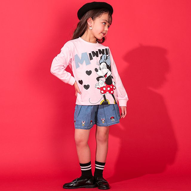 【ベビードール】ミニー デニム貼付ロンT 0196K / ベビーサイズ キッズ トップス 長袖 クルーネック カットソー 天竺素材