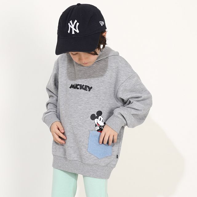 【ベビードール】ミッキー ドナルド 親子お揃い デニムポケットパーカー 0197K / ベビーサイズ キッズ リンクコーデ ペアルック 親子コーデ トップス 長袖 プルオーバー スウェット 肩落ちデザイン ドロップショルダー