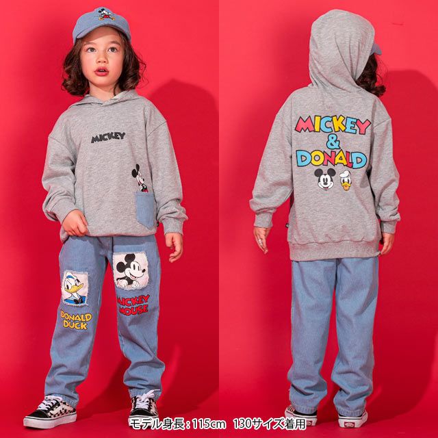 【ベビードール】ミッキー ドナルド 親子お揃い デニムポケットパーカー 0197K / ベビーサイズ キッズ リンクコーデ ペアルック 親子コーデ トップス 長袖 プルオーバー スウェット 肩落ちデザイン ドロップショルダー