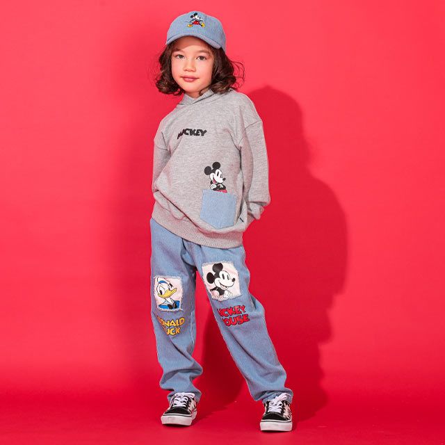 【ベビードール】ミッキー ドナルド 親子お揃い デニムポケットパーカー 0197K / ベビーサイズ キッズ リンクコーデ ペアルック 親子コーデ トップス 長袖 プルオーバー スウェット 肩落ちデザイン ドロップショルダー