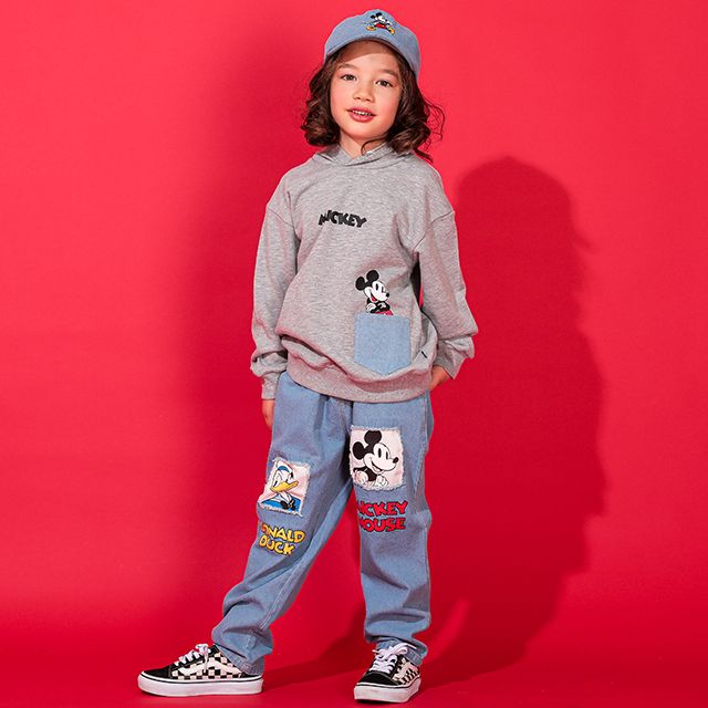 【ベビードール】ミッキー ドナルド 親子お揃い デニムポケットパーカー 0197K / ベビーサイズ キッズ リンクコーデ ペアルック 親子コーデ トップス 長袖 プルオーバー スウェット 肩落ちデザイン ドロップショルダー