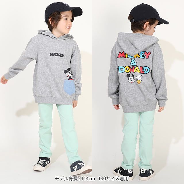 【ベビードール】ミッキー ドナルド 親子お揃い デニムポケットパーカー 0197K / ベビーサイズ キッズ リンクコーデ ペアルック 親子コーデ トップス 長袖 プルオーバー スウェット 肩落ちデザイン ドロップショルダー