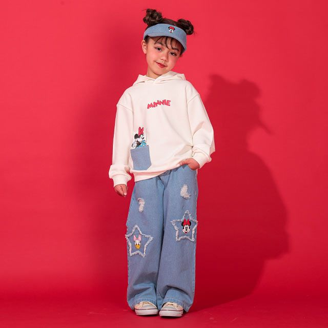 【ベビードール】ミニー デイジー 親子お揃い デニムポケットパーカー 0197K / ベビーサイズ キッズ リンクコーデ ペアルック 親子コーデ トップス 長袖 プルオーバー スウェット 肩落ちデザイン ドロップショルダー