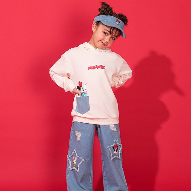 【ベビードール】ミニー デイジー 親子お揃い デニムポケットパーカー 0197K / ベビーサイズ キッズ リンクコーデ ペアルック 親子コーデ トップス 長袖 プルオーバー スウェット 肩落ちデザイン ドロップショルダー