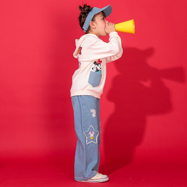 【ベビードール】ミニー デイジー 親子お揃い デニムポケットパーカー 0197K / ベビーサイズ キッズ リンクコーデ ペアルック 親子コーデ トップス 長袖 プルオーバー スウェット 肩落ちデザイン ドロップショルダー