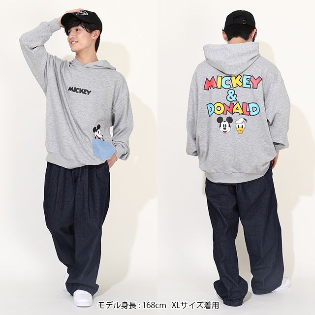 【ベビードール】ミッキー ドナルド 親子お揃い デニムポケット パーカー 0197A / 大人 ユニセックス 男女兼用 リンクコーデ ペアルック 親子コーデ 長袖 トップス トレンド プルオーバー スウェット 肩落ちデザイン ドロップショルダー
