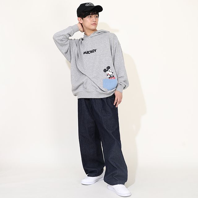 【ベビードール】ミッキー ドナルド 親子お揃い デニムポケット パーカー 0197A / 大人 ユニセックス 男女兼用 リンクコーデ ペアルック 親子コーデ 長袖 トップス トレンド プルオーバー スウェット 肩落ちデザイン ドロップショルダー