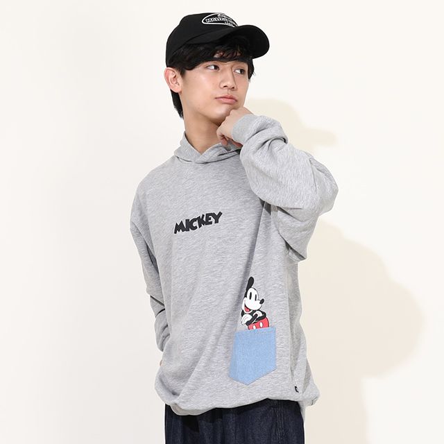 【ベビードール】ミッキー ドナルド 親子お揃い デニムポケット パーカー 0197A / 大人 ユニセックス 男女兼用 リンクコーデ ペアルック 親子コーデ 長袖 トップス トレンド プルオーバー スウェット 肩落ちデザイン ドロップショルダー