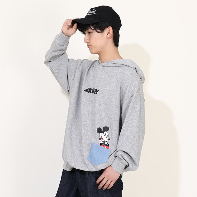 【ベビードール】ミッキー ドナルド 親子お揃い デニムポケット パーカー 0197A / 大人 ユニセックス 男女兼用 リンクコーデ ペアルック 親子コーデ 長袖 トップス トレンド プルオーバー スウェット 肩落ちデザイン ドロップショルダー