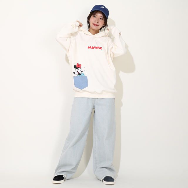 【ベビードール】ミニー デイジー 親子お揃い デニムポケット パーカー 0197A / 大人 ユニセックス 男女兼用 リンクコーデ ペアルック 親子コーデ 長袖 トップス トレンド プルオーバー スウェット 肩落ちデザイン ドロップショルダー