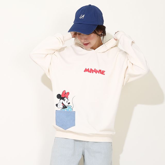 【ベビードール】ミニー デイジー 親子お揃い デニムポケット パーカー 0197A / 大人 ユニセックス 男女兼用 リンクコーデ ペアルック 親子コーデ 長袖 トップス トレンド プルオーバー スウェット 肩落ちデザイン ドロップショルダー