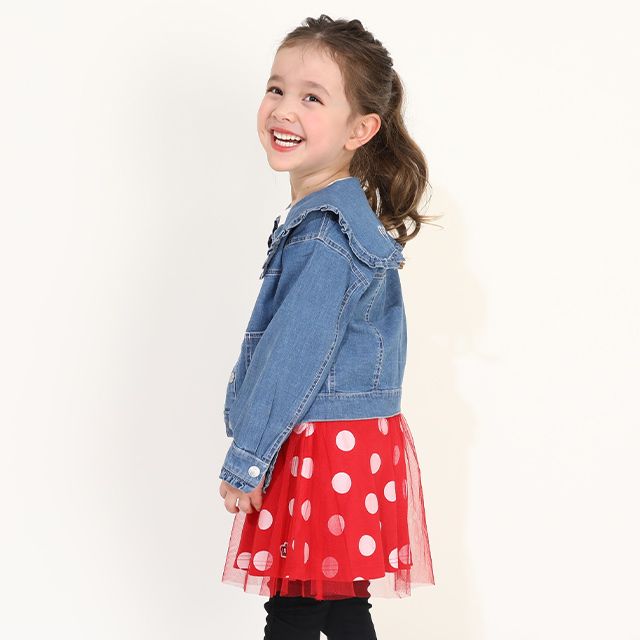 【ベビードール】フリル襟デニムジャケット 0198K / ミニー デイジー ベビーサイズ キッズ 長袖 フード無し ライトアウター 羽織り ストレッチデニム 刺繍 セットアップアイテム