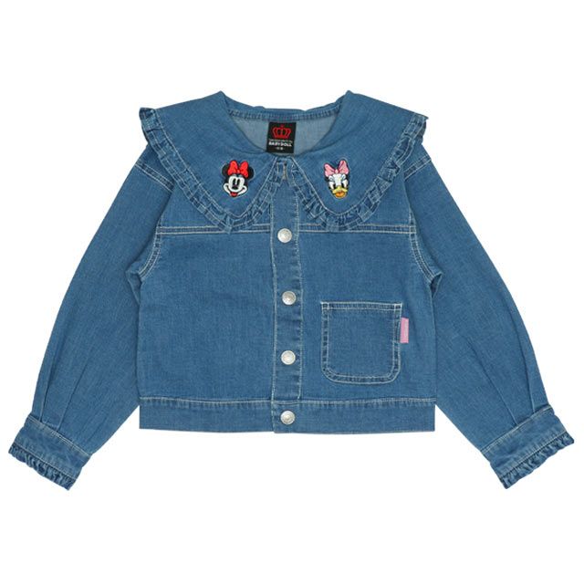 【ベビードール】フリル襟デニムジャケット 0198K / ミニー デイジー ベビーサイズ キッズ 長袖 フード無し ライトアウター 羽織り ストレッチデニム 刺繍 セットアップアイテム