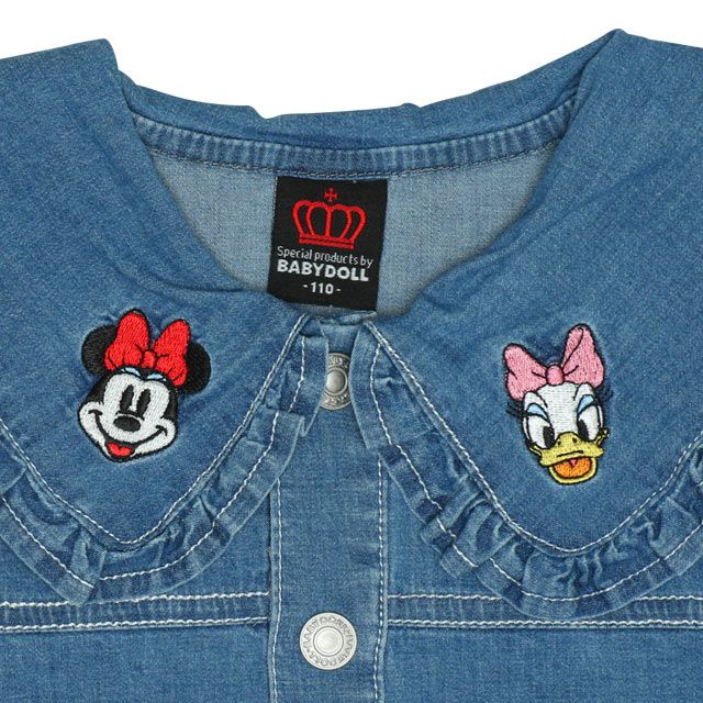 【ベビードール】フリル襟デニムジャケット 0198K / ミニー デイジー ベビーサイズ キッズ 長袖 フード無し ライトアウター 羽織り ストレッチデニム 刺繍 セットアップアイテム