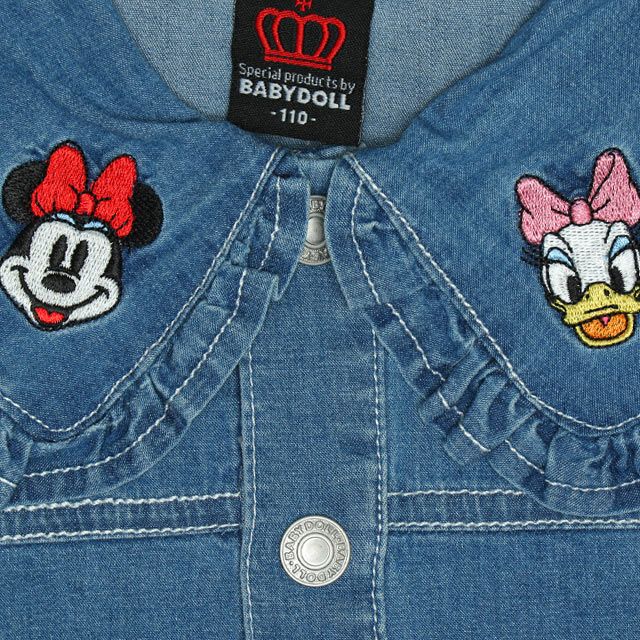 【ベビードール】フリル襟デニムジャケット 0198K / ミニー デイジー ベビーサイズ キッズ 長袖 フード無し ライトアウター 羽織り ストレッチデニム 刺繍 セットアップアイテム