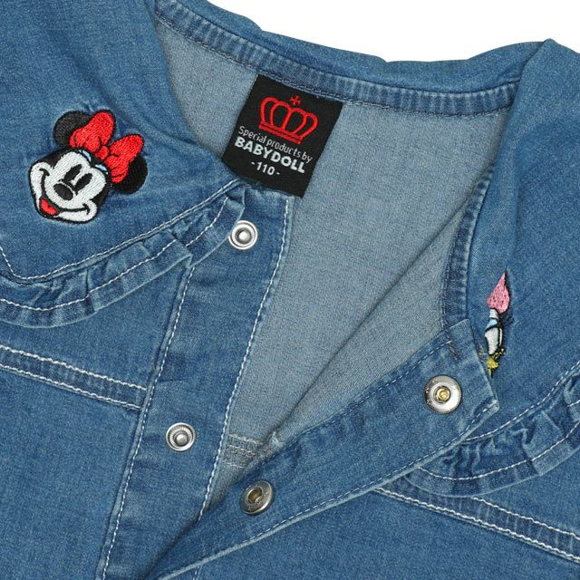 【ベビードール】フリル襟デニムジャケット 0198K / ミニー デイジー ベビーサイズ キッズ 長袖 フード無し ライトアウター 羽織り ストレッチデニム 刺繍 セットアップアイテム