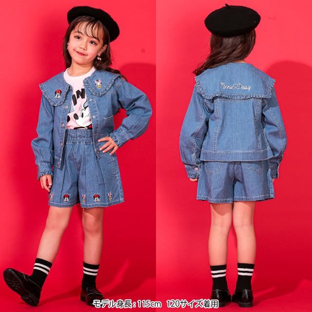【ベビードール】フリル襟デニムジャケット 0198K / ミニー デイジー ベビーサイズ キッズ 長袖 フード無し ライトアウター 羽織り ストレッチデニム 刺繍 セットアップアイテム