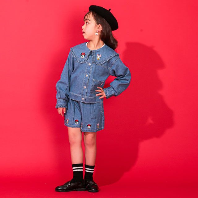 【ベビードール】フリル襟デニムジャケット 0198K / ミニー デイジー ベビーサイズ キッズ 長袖 フード無し ライトアウター 羽織り ストレッチデニム 刺繍 セットアップアイテム