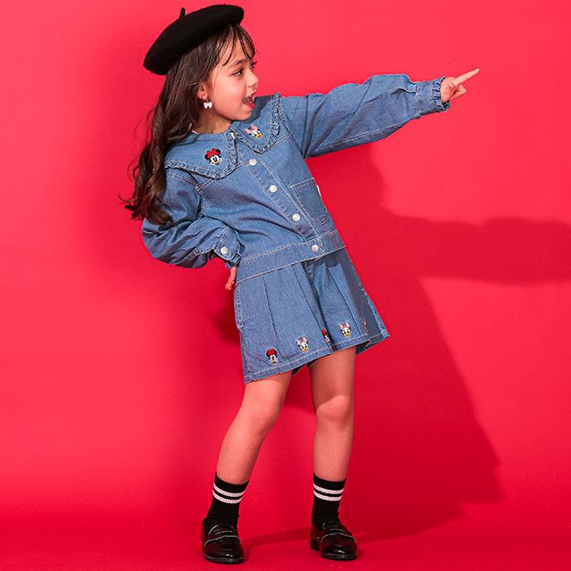 【ベビードール】フリル襟デニムジャケット 0198K / ミニー デイジー ベビーサイズ キッズ 長袖 フード無し ライトアウター 羽織り ストレッチデニム 刺繍 セットアップアイテム