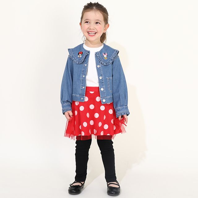 【ベビードール】フリル襟デニムジャケット 0198K / ミニー デイジー ベビーサイズ キッズ 長袖 フード無し ライトアウター 羽織り ストレッチデニム 刺繍 セットアップアイテム