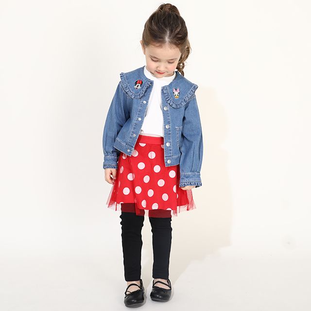 【ベビードール】フリル襟デニムジャケット 0198K / ミニー デイジー ベビーサイズ キッズ 長袖 フード無し ライトアウター 羽織り ストレッチデニム 刺繍 セットアップアイテム