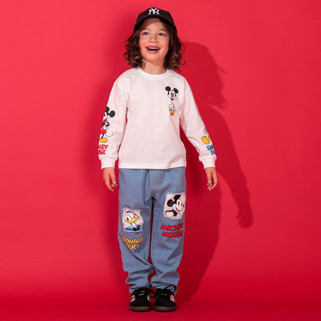 【ベビードール】ミッキー ドナルド 親子お揃い 袖キャラクタ ーロンT 0199K / ベビーサイズ キッズ リンクコーデ ペアルック 親子コーデ トップス 長袖 クルーネック カットソー 天竺素材