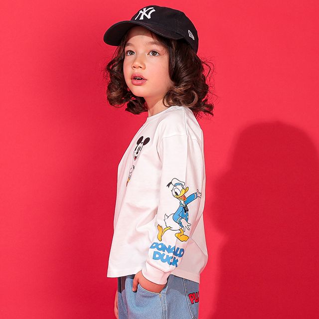 【ベビードール】ミッキー ドナルド 親子お揃い 袖キャラクタ ーロンT 0199K / ベビーサイズ キッズ リンクコーデ ペアルック 親子コーデ トップス 長袖 クルーネック カットソー 天竺素材
