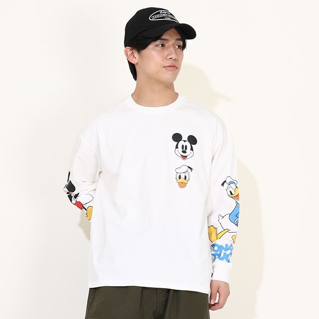 【ベビードール】ミッキー ドナルド 親子お揃い 袖キャラクタ ーロンT 0199A / 大人 ユニセックス 男女兼用 リンクコーデ ペアルック 親子コーデ トップス 長袖 クルーネック カットソー 天竺素材