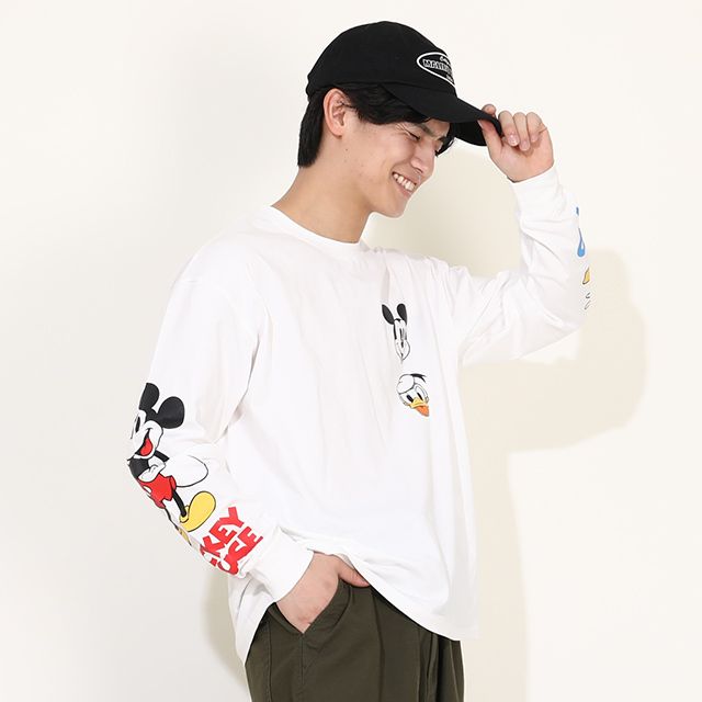 【ベビードール】ミッキー ドナルド 親子お揃い 袖キャラクタ ーロンT 0199A / 大人 ユニセックス 男女兼用 リンクコーデ ペアルック 親子コーデ トップス 長袖 クルーネック カットソー 天竺素材