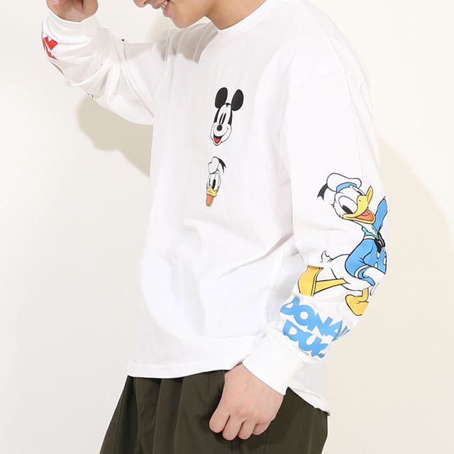 【ベビードール】ミッキー ドナルド 親子お揃い 袖キャラクタ ーロンT 0199A / 大人 ユニセックス 男女兼用 リンクコーデ ペアルック 親子コーデ トップス 長袖 クルーネック カットソー 天竺素材