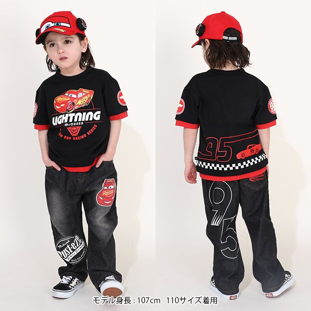【ベビードール】カーズ BIGプリントデニムロングパンツ 0217K / ライトニング・マックィーン ベビーサイズ キッズ ウエスト総ゴム ワッペン ボトムス 長ズボン デニム ジーパン