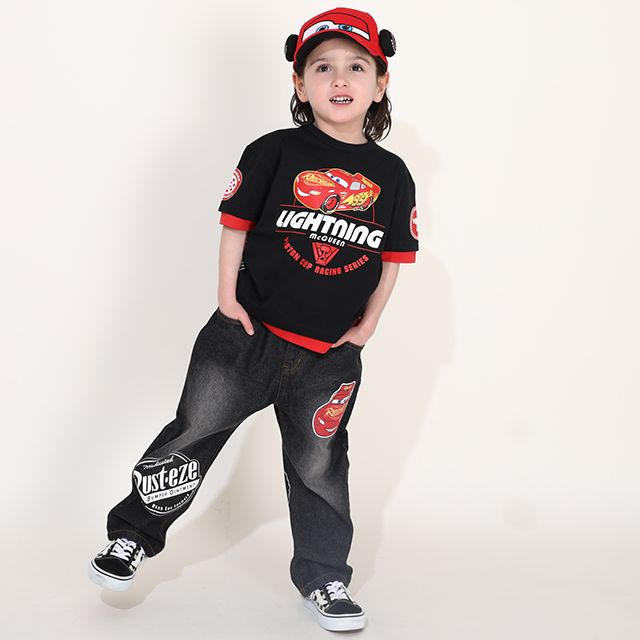 【ベビードール】カーズ BIGプリントデニムロングパンツ 0217K / ライトニング・マックィーン ベビーサイズ キッズ ウエスト総ゴム ワッペン ボトムス 長ズボン デニム ジーパン