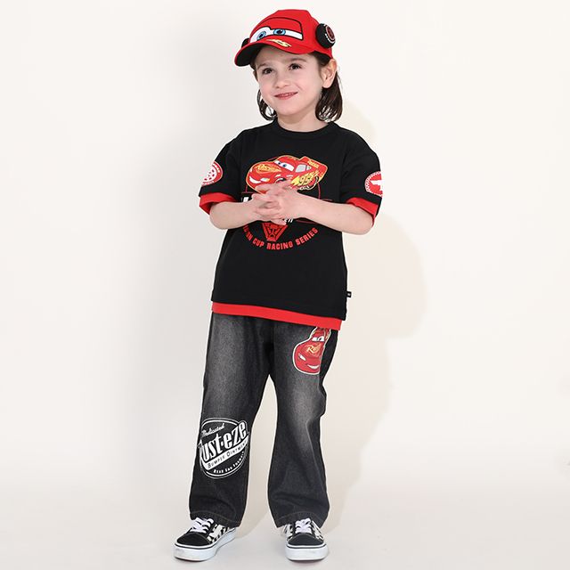 【ベビードール】カーズ BIGプリントデニムロングパンツ 0217K / ライトニング・マックィーン ベビーサイズ キッズ ウエスト総ゴム ワッペン ボトムス 長ズボン デニム ジーパン